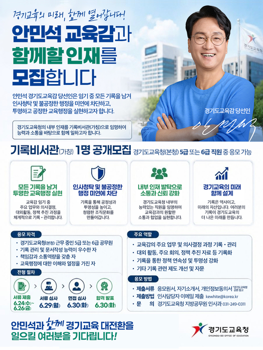안민석 경기교육감 인수위, 기록비서관 1명 공개 모집…26일까지 접수 마감