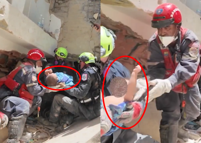 미국 구조대가 베네수엘라 강진으로 무너진 건물 잔해에서 9개월된 아기를 구조하고 있다. 사진=미국 국무부 엑스 캡처