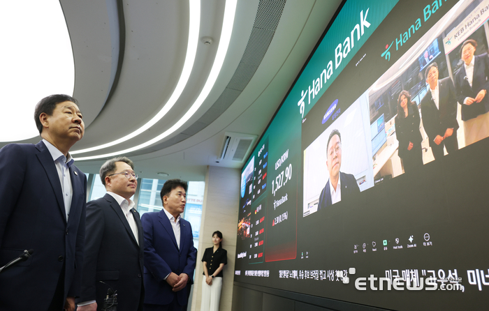 (왼쪽부터) 구윤철 경제부총리 겸 재정경제부 장관과 권민수 한국은행 부총재보, 함영주 하나 회장이 6일 오전 서울 중구 하나은행 딜링룸을 방문해 삼성전자 재경팀, 하나은행 런던지점과 화상으로 외환시장 24시간 거래 관련 이야기를 나누고 있다. [사진= 이동근기자 foto@etnews.com]