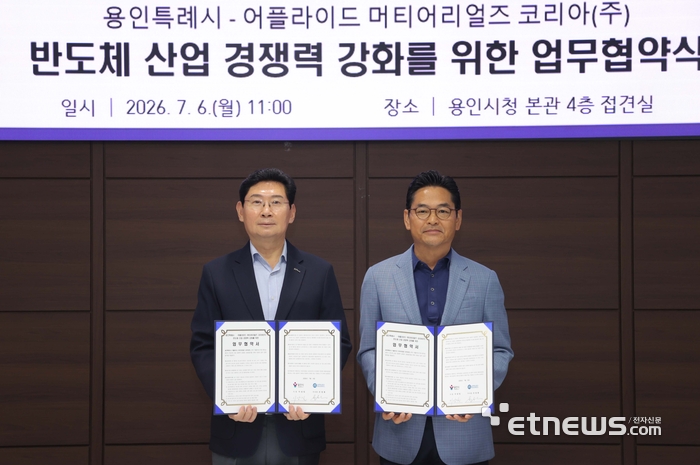이상일 용인시장(왼쪽)과 손성용 어플라이드 머티어리얼즈 부사장이 6일 시청 접견실에서 협약서를 들고 기념 촬영했따. 용인시 제공.