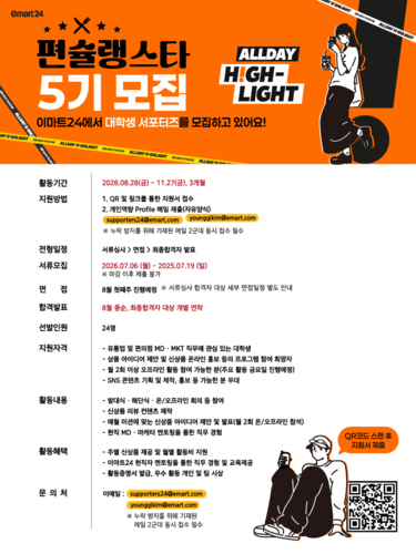 이마트24는 대학생 서포터즈 '편슐랭스타' 5기 참가자를 모집한다고 7일 밝혔다.