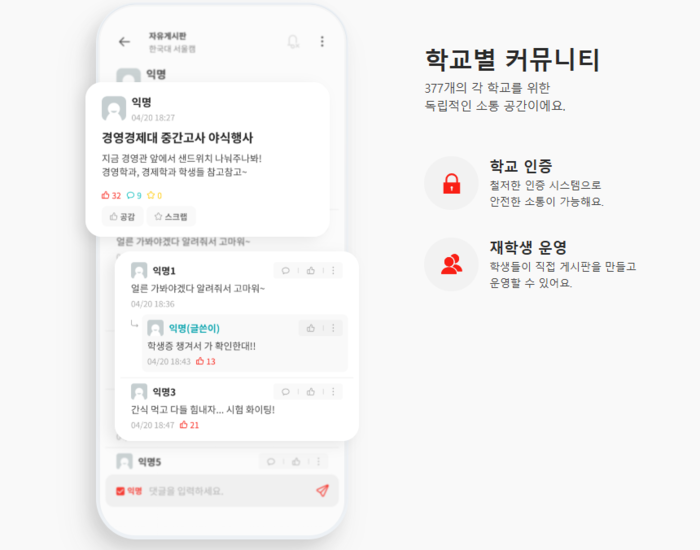 에브리타임 커뮤니티 기능 설명. [에브리타임 웹사이트 갈무리]