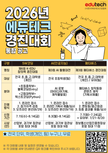 한국에듀테크산업협회는 'SW코딩', '인공지능(AI)', '메타버스' 3개 부문으로 구성된 '2026년 에듀테크 경진대회'를 개최한다. (사진=한국에듀테크산업협회)