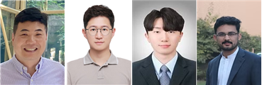 경희대 신소재공학과 최석원 교수와 기계공학부 최동휘 교수 연구팀이 별도의 배터리나 전원 장치 없이 바람의 세기를 색 변화로 즉각 알려주는 자가발전형 풍속 지시계를 개발했다. 사진 왼쪽부터 최석원, 최동휘 교수, 조수민 박사, Soban Ali Shah.(사진=경희대)