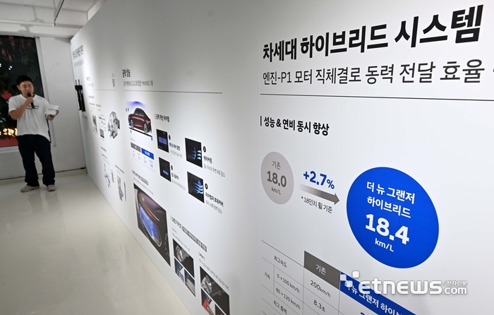 9일 서울 성수동 인포멀 스퀘어에서 열린 현대차 테크 팝업 스토어에서 현대차 연구원이 '더 뉴 그랜저'에 도입된 차세대 하이브리드 시스템 기술에 대해 설명하고 있다. 김민수기자 mskim@etnews.com