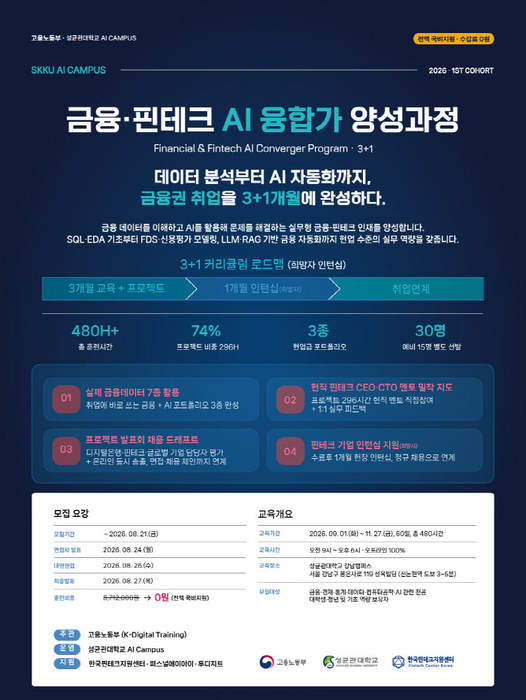 성균관대학교 AI 캠퍼스와 한국핀테크지원센터, '금융·핀테크 AI 융합가 양성과정' 1기 교육생 모집