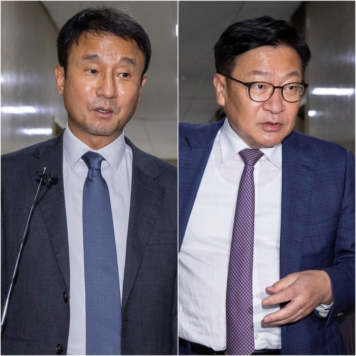 더불어민주당 한병도 당 대표 직무대행 겸 원내대표(왼쪽)와 국민의힘 정점식 원내대표가 16일 국회에서 여야 원내대표 회담을 마친 뒤 이동하고 있다. 연합뉴스
