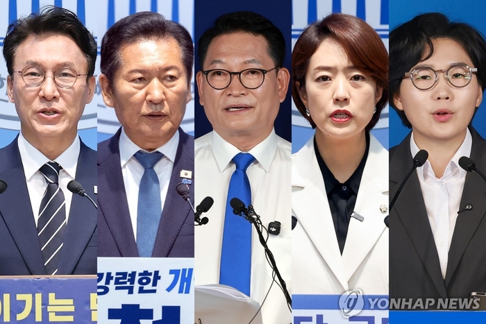 더불어민주당 당대표 후보로 등록한 김민석 전 국무총리, 정청래 전 대표, 송영길 의원, 고민정 의원, 김보미 전 강진군의원. 연합뉴스