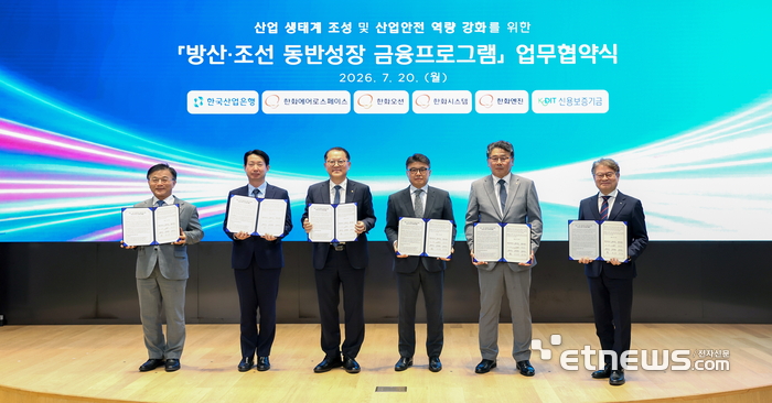 한국산업은행은 20일 서울 여의도 본점에서 신용보증기금, 한화오션·한화에어로스페이스·한화시스템·한화엔진 등 한화그룹 계열사와 '방산·조선 동반성장 금융프로그램' 업무협약을 맺고 협력업체 시설자금 지원에 나선다. (왼쪽부터) 박상진 한국산업은행 회장, 문지훈 한화에어로스페이스 부사장, 김희철 한화오션 대표이사, 김종서 한화엔진 대표이사, 곽종우 한화시스템 부사장, 강승준 신용보증기금 이사장. [사진= 산업은행 제공]