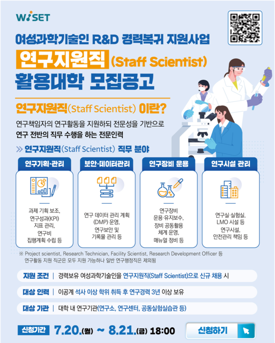 과학기술정보통신부와 한국여성과학기술인육성재단이 다음 달 21일까지 경력 보유 여성과학기술인 현장 복귀 지원 사업 '연구지원직' 유형의 운영 대학과 채용 인력을 모집한다.(사진=과학기술정보통신부)
