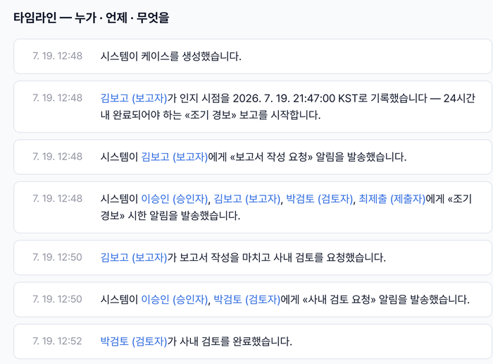 누가·언제·무엇을 했는지 전 과정을 감사 가능한 기록으로 남기는 타임라인 화면(사진 제공: 에이스랩스)