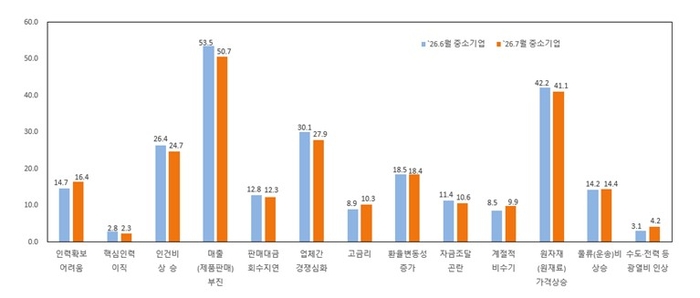 〈그래프〉중소기업 경영상 애로사항(%), 복수응답 〈출처:중기중앙회〉