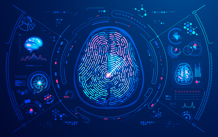 concept of neuroscience or MRI scan technology, graphic of  brain shape combined with fingerprint and medical interface