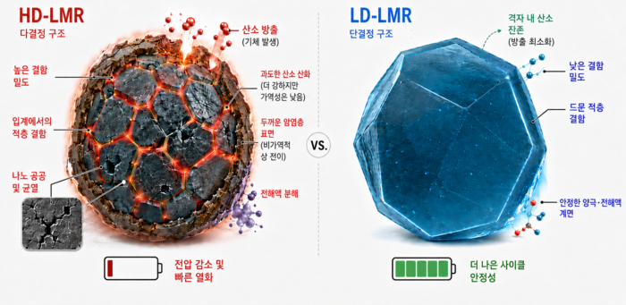 다결정 및 단결정 리튬 과잉 양극재 내부의 적층 결함 분포와 이에 따른 전기화학적 열화 과정을 비교한 모식도. 한양대학교 ERICA 제공.