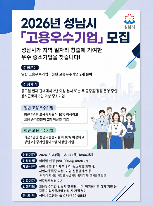 성남시, 고용우수기업 모집…상시근로자 5명 이상 기업 대상
