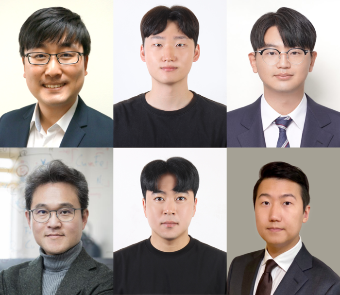 (위, 왼쪽부터) 성균관대 화학공학부 김정규 교수, 홍원태 박사과정생, 가톨릭대 김준영 교수 (아래, 왼쪽부터) 성균관대 화학공학부 이상욱 교수, 조성찬 박사후연구원, KIST 고재현 박사(사진=성균관대)