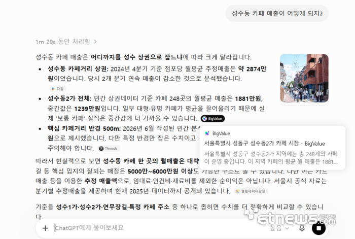 챗GPT에 '성수동 카페 매출이 어떻게 되지?'라고 질문한 결과 '빅밸류'의 데이터를 비롯한 여러 정보가 인용됐다. [사진=챗GPT 갈무리]
