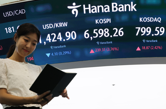5일 서울 중구 하나은행 본점 딜링룸 전광판에 코스피, 코스닥지수가 표시돼 있다. 이날 코스피는 전장보다 239.31포인트(3.76%) 오른 6598.26에 장을 마쳤다. 전날 1.62% 오른 데 이어 이틀째 상승세다. (사진=연합뉴스)