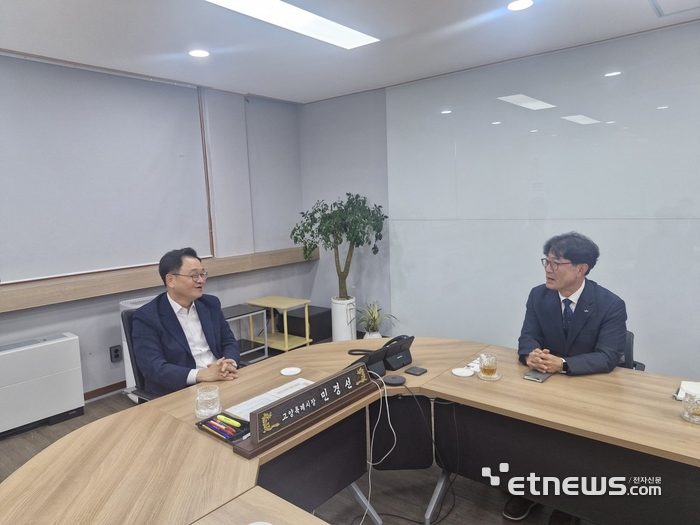 민경선 고양시장(왼쪽)과 박정만 LH 고양사업본부장이 6일 창릉신도시 조성 등 현안을 논의했다. 고양시 제공.