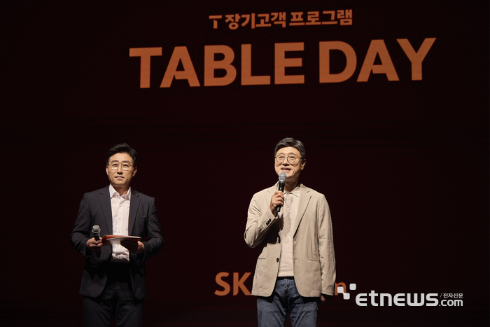 정재헌 SKT CEO(오른쪽)가 '테이블 데이' 오프닝 무대에서 장기고객들에게 환영 인사를 전하고 있다.