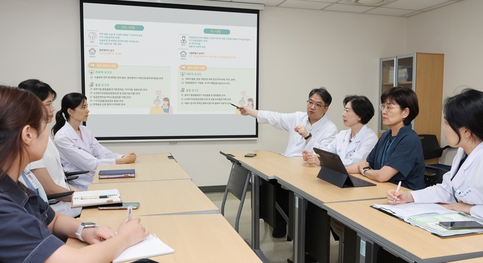 서울아산병원 이은주 시니어환자위원회 위원장(사진 오른쪽 세 번째), 손기영 통합퇴원계획팀장(오른쪽 네 번째)과 의료진이 함께 통합퇴원계획 서비스의 발전 방향을 논의하고 있다. (사진=서울아산병원)