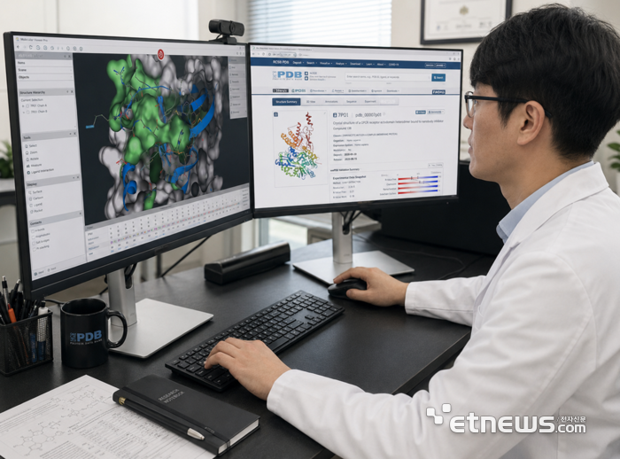 서울대 관계자가 차세대 비만치료제 후보물질의 데이터를 확인하고 있다. 경과원 제공