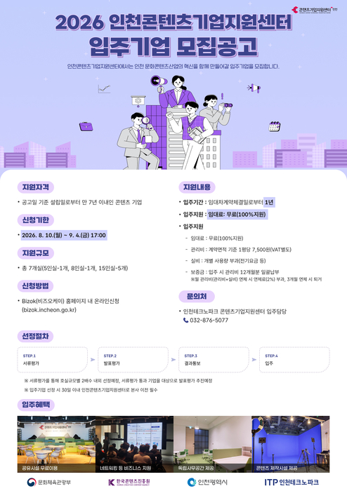 인천TP, 콘텐츠기업지원센터 입주기업 7곳 모집…9월4일까지