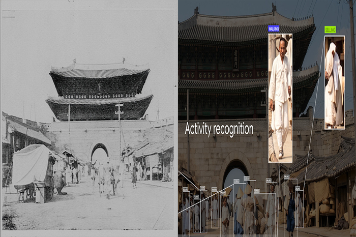 1905년 도성 안 거리 및 시민 행동 분석, AI 컴퓨터 비전 모델을 통해 1905년 한양 거리 사진을 고화질로 복원하고, 당시 시민들의 주요 행동 패턴을 자동 식별·분석한 모습. (서울AI재단 제공)