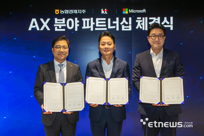박상원 KT AX사업부문장(전무), 김주양 농협경제지주 대표, 김훈상 한국마이크로소프트 부사장(왼쪽부터)이 유통 AX 사업 협업을 위한 업무협약을 체결했다.