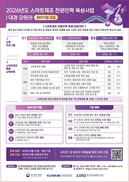 KIRO, 대경·강원 스마트제조 전문인력 양성 본격화…로봇·AI·자동화 중심 112시간 현장 맞춤형 전문교육