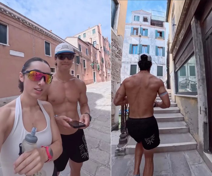 미국 커플 줄리아 라토프와 마이크 나카렐라가 이탈리아 베네치아에서 조깅을 하며 촬영한 영상 캡처. 사진=인스타그램(eats by julia) / 뉴욕포스트 캡처