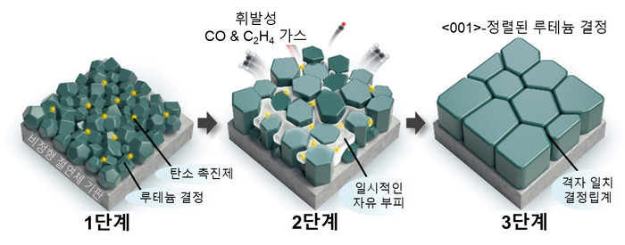 탄소 촉진제에 의한 루테늄 결정립의 성장과 결정 방향 정렬 과정.