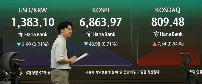서울 중구 하나은행 본점 딜링룸 현황판(사진=연합뉴스)