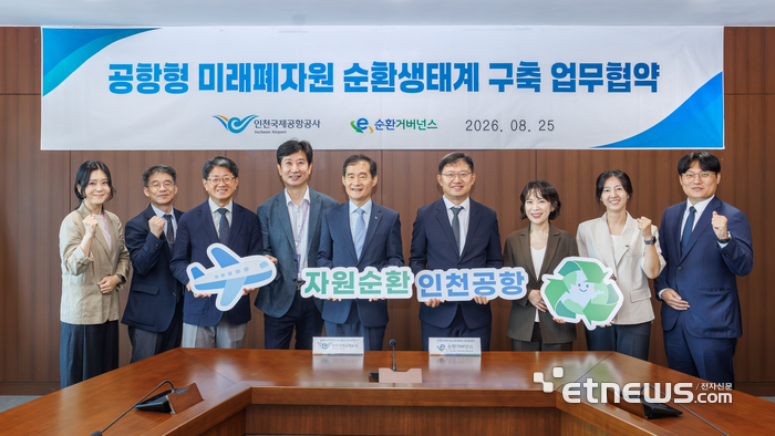 이상진 이순환거버넌스 이사장(오른쪽 네 번째)과 김범호 인천국제공항공사 사장 직무대행(왼쪽 다섯 번째이 25일 미래폐자원 순환생태계 조성을 위한 업무협약을 체결하고 기념 촬영했다. 이순환거버넌스 제공.