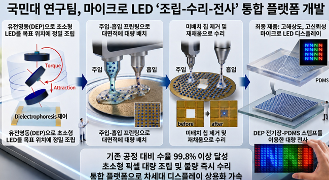 국민대학교는 도영락 화학과 교수 연구팀이 차세대 디스플레이의 핵심 소자인 마이크로 발광다이오드(Micro-LED)를 원하는 위치와 방향으로 정밀하게 조립하고, 잘못 배치된 소자를 수리한 뒤 다른 기판으로 전사할 수 있는 통합 조립 기술을 개발했다고 26일 밝혔다. (사진=국민대)