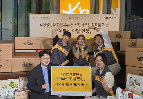 27일 서울 강남구 KB손해보험 본사에서 김규동 KB손해보험 ESG상생금융Unit장(앞줄 왼쪽 첫번째)을 비롯한 관계자들이 '어르신 한달 한상' 추진 기념촬영을 하고 있다.(사진=KB손해보험)