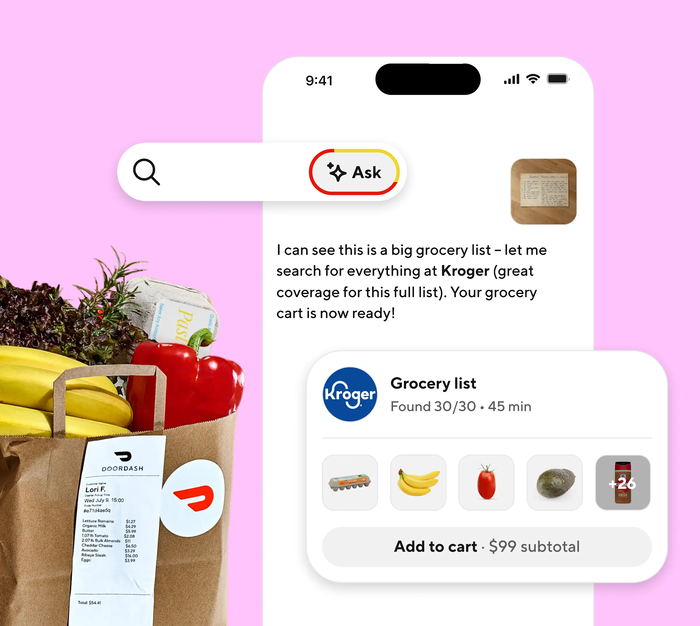 미국 최대 음식 배달 플랫폼 ‘도어대시’의 AI 검색 서비스 ‘애스크 도어대시(Ask DoorDash)’ 설명. - 이용자는 이 서비스를 통해 문장, 사진 등을 입력해 원하는 제품을 쉽고 빠르게 탐색할 수 있다. [사진=도어대시]