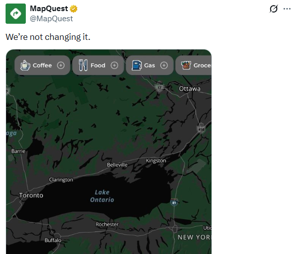 지도 서비스 업체 맵퀘스트가 온타리오 호수 이름을 그대로 유지한다고 발표했다. 사진=엑스(@MapQuest) 캡처