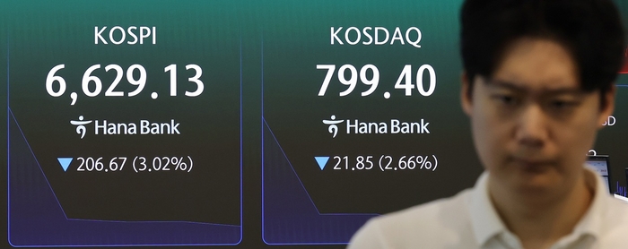 코스피가 3% 넘게 하락 출발한 2일 서울 중구 하나은행 본점 딜링룸 전광판에 실시간 코스피와 코스닥 지수가 표시돼 있다. 사진=연합뉴스