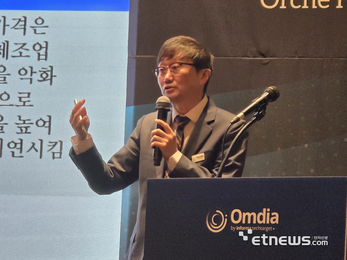 박진한 옴디아 이사가 3일 서울 서초구 엘타워에서 옴디아 주최로 열린 '코리아 디스플레이 컨퍼런스'에서 발표하고 있다. (사진= 김영호 기자)