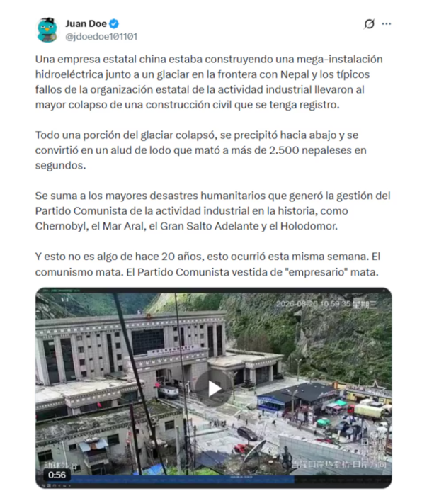 아르헨티나 대통령실 디지털통신국장인 후안 파블로 카레이라가 네팔 대홍수가 중국의 건설 부실탓이라고 비판하고 있다. 고위 사진=엑스 캡처