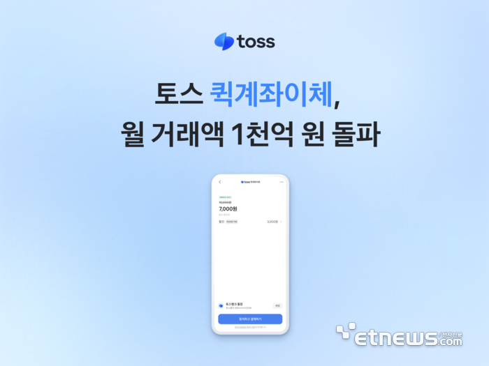 토스 '퀵계좌이체' 월 거래액 1000억원 돌파…누적 이용자 1200만명