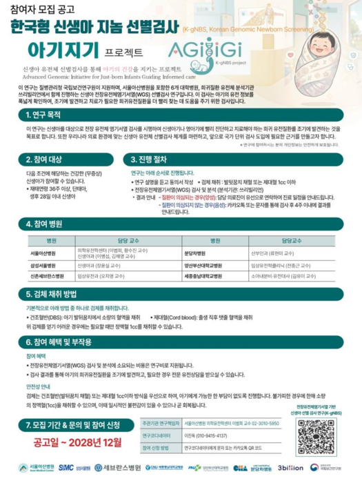 전장유전체염기서열 기반 신생아 선별검사 연구 참여자 모집 포스터.(제공=질병관리청)
