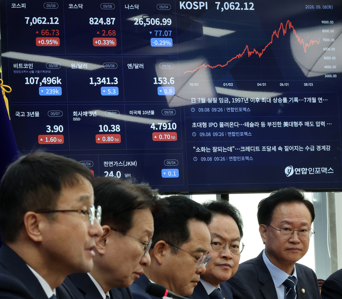 8일 국회에서 열린 더불어민주당 원내대책회의장 내 설치된 연합인포맥스 경제정보 모니터에 7000선을 넘어선 코스피 지수가 표시돼 있다.
