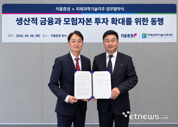 엄주성(왼쪽) 키움증권 대표와 신동현 미래과학기술지주 대표가 8일 오후 서울 여의도 키움증권 본사에서 업무 협약식을 맺고 있다. (사진=키움증권)
