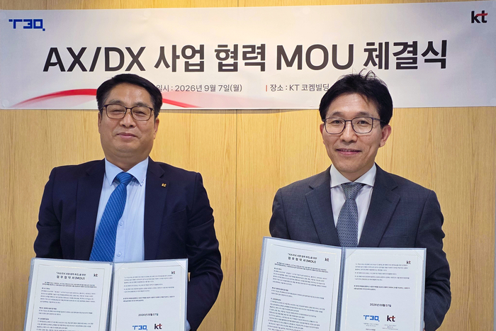 티쓰리큐는 7일 KT 본사에서 KT와 'AX·DX 사업 협력 추진을 위한 업무협약(MOU)'을 체결했다.