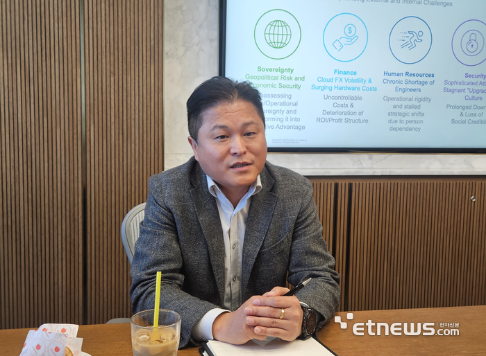 9일 서울 강남 파이낸스센터에서 열린 브로드컴 미디어 브리핑에서 김정환 브로드컴코리아 지사장이 발표를 하고 있다. 〈사진=강성전 기자〉