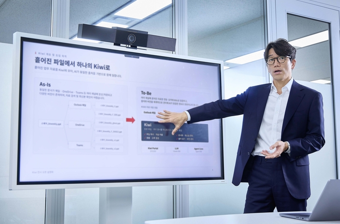 김용훈 SK스퀘어 AI혁신담당이 SK스퀘어 AX 전략을 설명하고 있다.