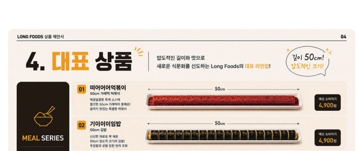 로옹푸드의 대표 상품 구성 예시. 50㎝ 규격을 중심으로 식사형·간식형 등 메뉴 확장을 추진한다.