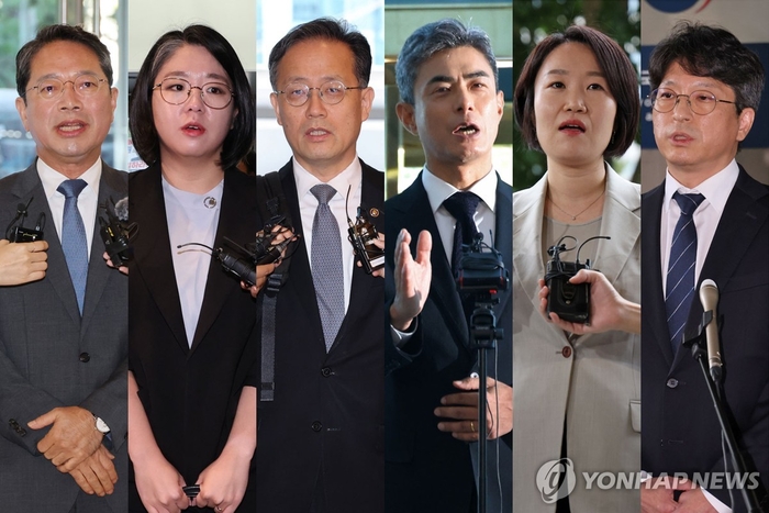 김승원 법무부 장관 후보자(왼쪽부터), 용혜인 성평등가족부 장관 후보자, 이형일 부총리 겸 재정경제부 장관 후보자, 강신철 국방부 장관 후보자, 이소영 중소벤처기업부 장관 후보자, 홍지선 국토교통부 장관 후보자. 연합뉴스 자료사진